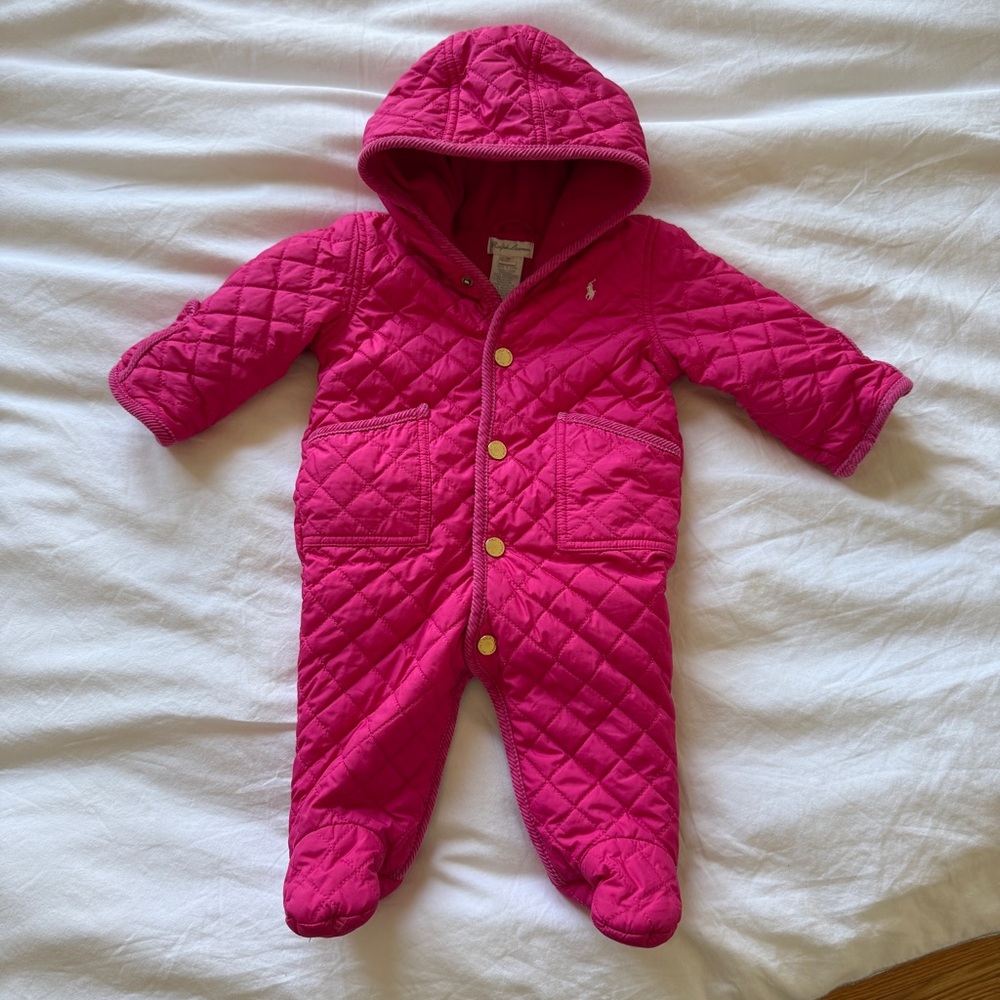 Ralph Lauren Pink Quilted bunting baby snowsuit with Hood